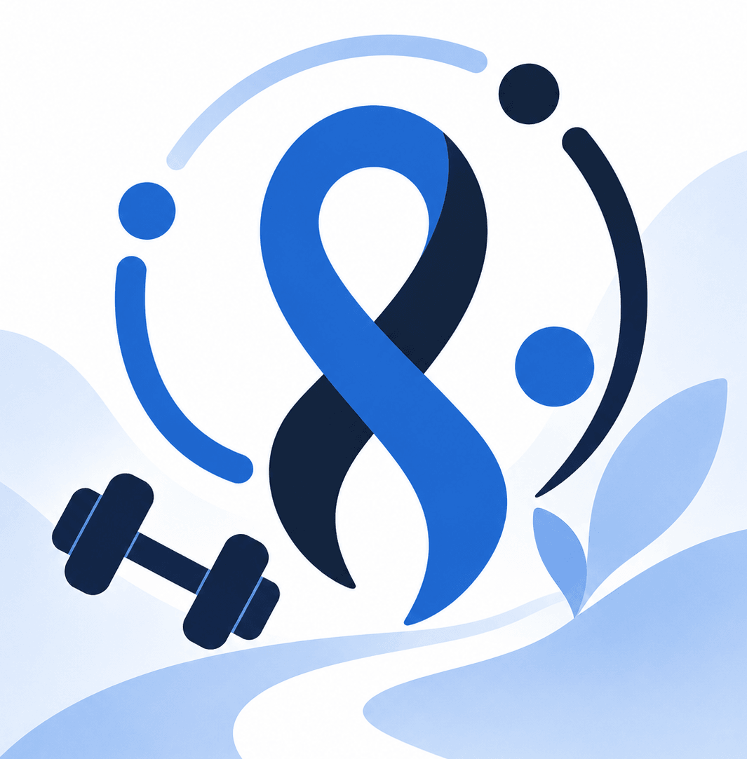 Illustration of an awareness ribbon with fitness symbols.