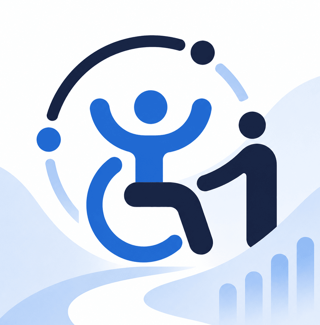 Illustration of a person using a wheelchair with a support figure.