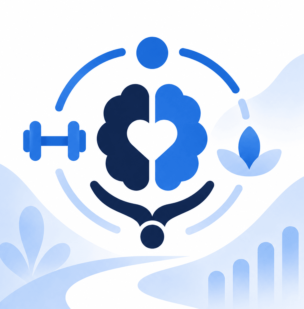Illustration of a head and heart with fitness symbols.