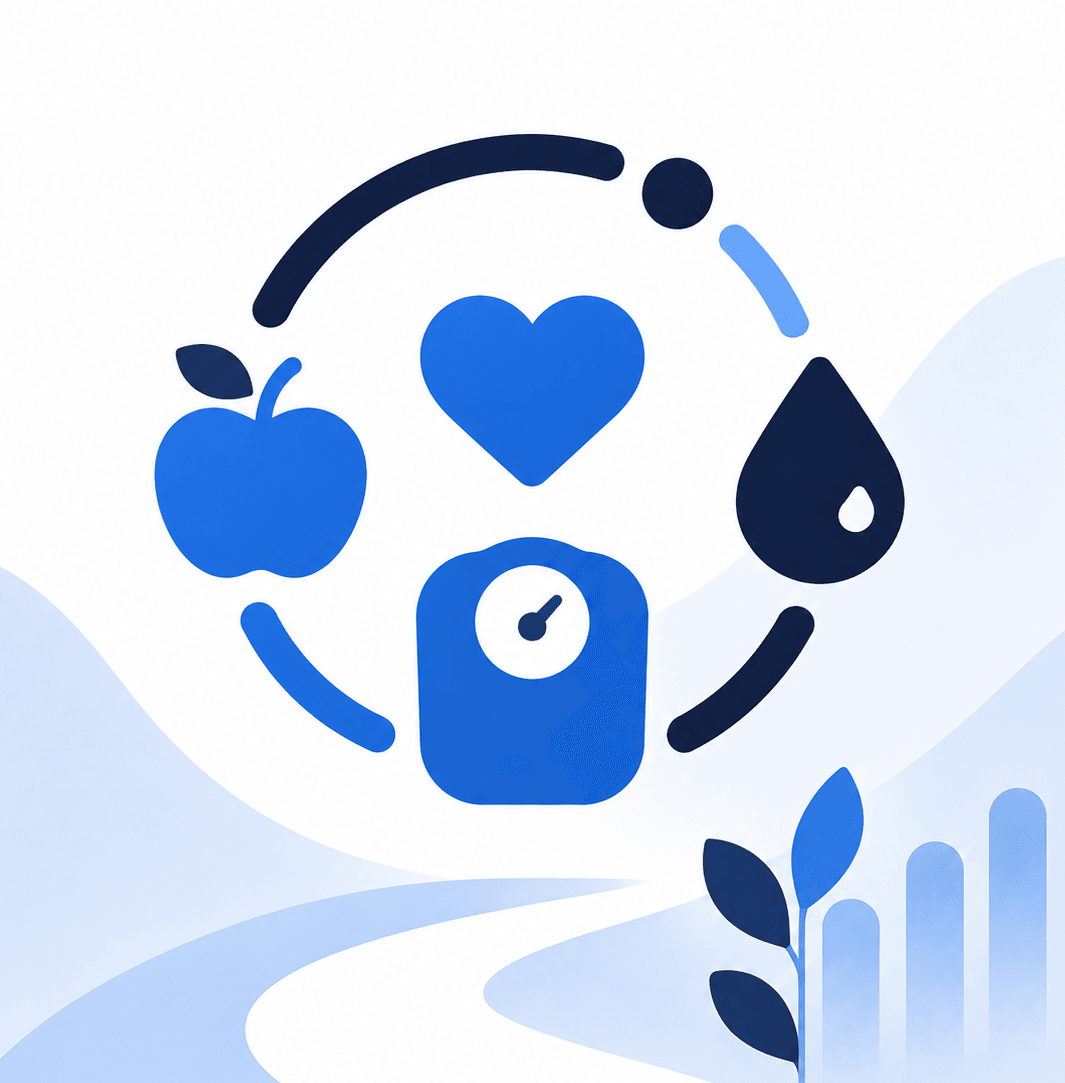 Illustration of health, food and activity symbols.